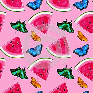 Watermelon slices and tropical butterflies on a pink background. Summer seamless pattern design for wallaper, paper, textile, fabr photo