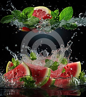 Watermelon slices with with water splashes