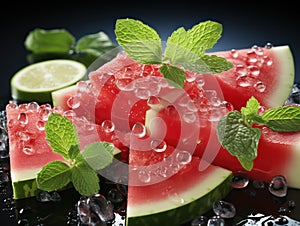 Watermelon slices with with water splashes