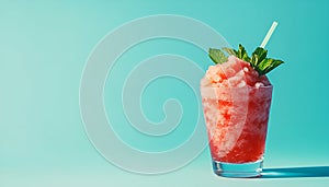 Watermelon slushie or strawberry granita cocktail with mint in glass on tendy blue background, copy space. Refreshing photo
