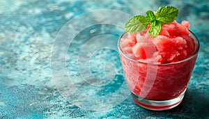 Watermelon slushie or strawberry granita cocktail with mint in glass on tendy blue background, copy space. Refreshing photo