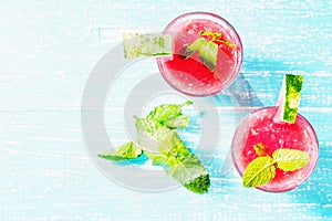 Watermelon smoothi Mojito with mint, copyspace top view