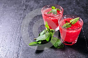 Watermelon smoothi Mojito with mint leaf, copyspace
