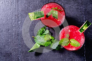 Watermelon smoothi Mojito with mint leaf, copyspace top view