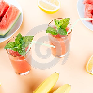 Watermelon smoothie with banana and lemon. Summer healthy refreshment drink