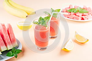 Watermelon smoothie with banana and lemon. Summer healthy refreshment drink