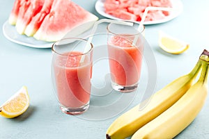 Watermelon smoothie with banana and lemon. Summer healthy refreshment drink