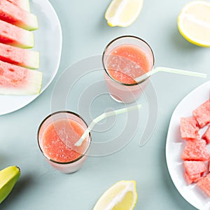 Watermelon smoothie with banana and lemon. Summer healthy refreshment drink