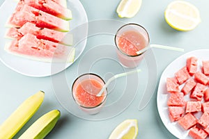 Watermelon smoothie with banana and lemon. Summer healthy refreshment drink