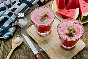 Watermelon smoothie fruit on wood table , sweet fruit drinks on