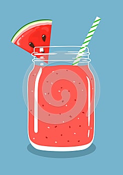 Watermelon smoothie in mason jar with slice of watermelon and swirled straw. Vector hand drawn illustration.