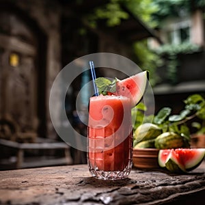 Watermelon Smoothie On Stone In Rustic Pub. Generative AI