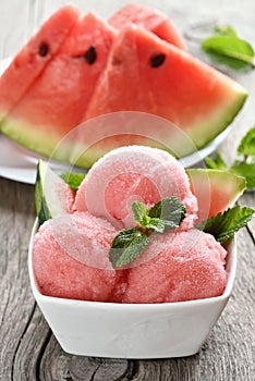 Watermelon sorbet in bowl photo