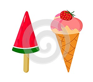 Watermelon and Strawberry Ice Cream Set. Vector illustration in flat style.