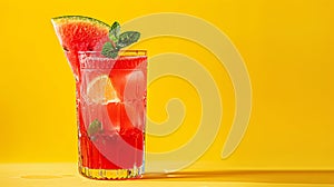 watermelon summer cocktail with mint on yellow background photo
