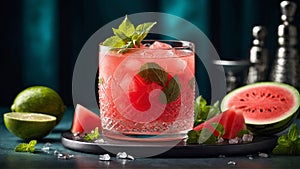 Watermelon summer refreshing frozen cocktail with lime and mint, generative AI
