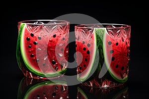 Watermelon themed glass tumblers reflecting on black photo