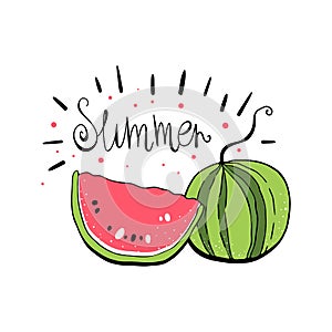 Watermelon. Vector illustration with the word SUMMER. Lettering. Scandinavian motives.