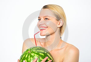 Watermelon vitamin beverage. Girl thirsty attractive nude drink fresh juice whole watermelon cocktail straw white