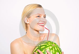 Watermelon vitamin beverage. Girl thirsty attractive nude drink fresh juice whole watermelon cocktail straw white