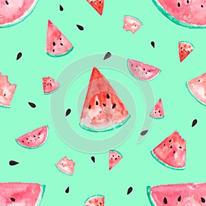 Watermelon water color painted. Seamless tropical fruit on green pastel isolate background