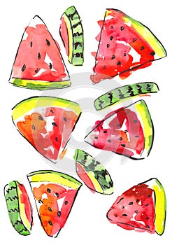 Watermelon watercolor , juicy piece, summer composition of red slices of watermelon. Fruit illustration, summer photo