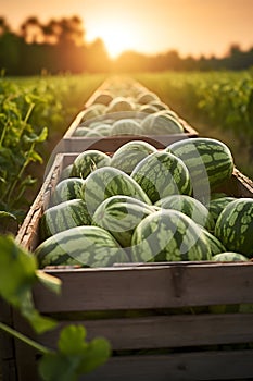 Watermelons harvested in a wooden box in a field with sunset.