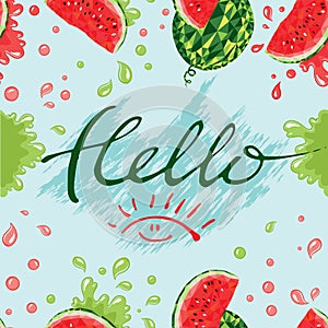 Watermelons and lettering hello summer. photo
