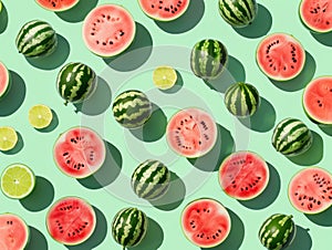 Watermelons and lime slices pattern on a pastel teal background.