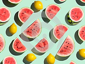 Watermelons slices and lemons pattern on a pastel cyan background
