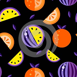 Watermelons Violet yellow Orange black background. Seamless pattern melon set wallpaper Vector. Good for t shirt print. Hand drawn