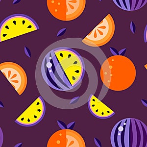 Watermelons Violet yellow Orange red background. Seamless pattern melon set wallpaper Vector. Good for t shirt print. Hand drawn