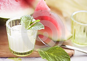 Watermelons and yogurt, shallow DOF