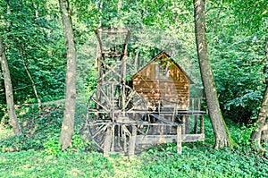 Watermill close up, green forest, wild vegetation