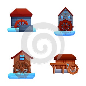 Watermill icons set cartoon vector. Wooden structure that uses river hydropower