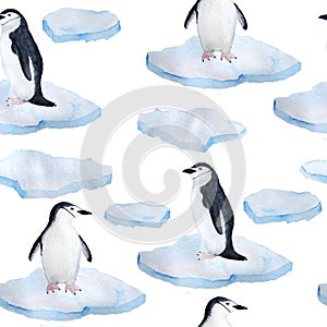 Waterocolor hand drawn seamless pattern with arctic pole penguins on ice. Antarctina marine sea ocean anmals migration