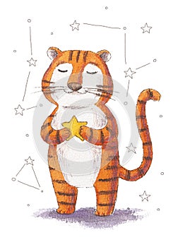 Waterolor tiger with stars illustration