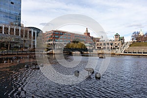 Waterplace Park in Downtown Providence Rhode Island with Modern Buildings