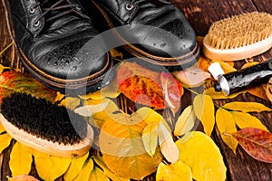 Waterproof Black boots on wooden background with autumn leaves polishing equipment, brush and polish cream.