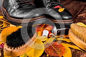 Waterproof Black boots on wooden background with autumn leaves polishing equipment, brush and polish cream.
