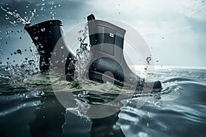 Waterproof Boots Defying Water Splash. Generative ai