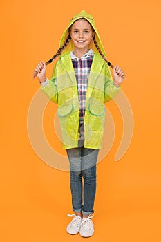 Waterproof cloak. Waterproof fabric for your comfort. Schoolgirl hooded raincoat enjoy rainy weather. Rainproof