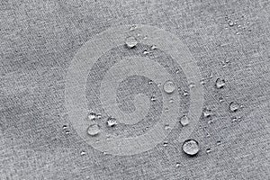 Waterproof droplets on fabric. Grey Canvas Polyester texture synthetical for background. Black polyester textile backdrop for