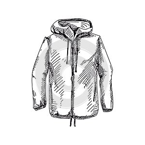 Waterproof jacket for hiking, retro black and white hand drawn illustration.