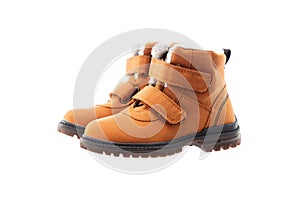 Waterproof kids winter shoes isolated on white background. Yellow boots