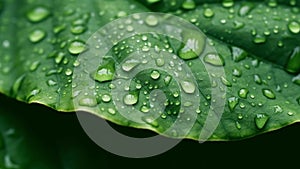 Waterproof Leaf Texture Close-Up. Big Water Drops. Rainproof Physics In Nature