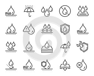 Waterproof line icons. Durable fabric surface, ip68 protection and moisture proof. Vector photo