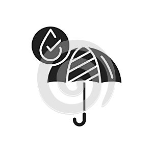 Waterproof open umbrella black glyph icon. Water repellent fashion accessory concept. Impermeable tool sign. Pictogram for web photo