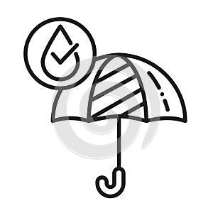 Waterproof open umbrella black line icon. Water repellent fashion accessory concept. Impermeable tool sign. Pictogram for web page