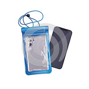 Waterproof phone case. Realistic smartphone waterproofing cover for underwater photo shoot in sea vacations, rugged